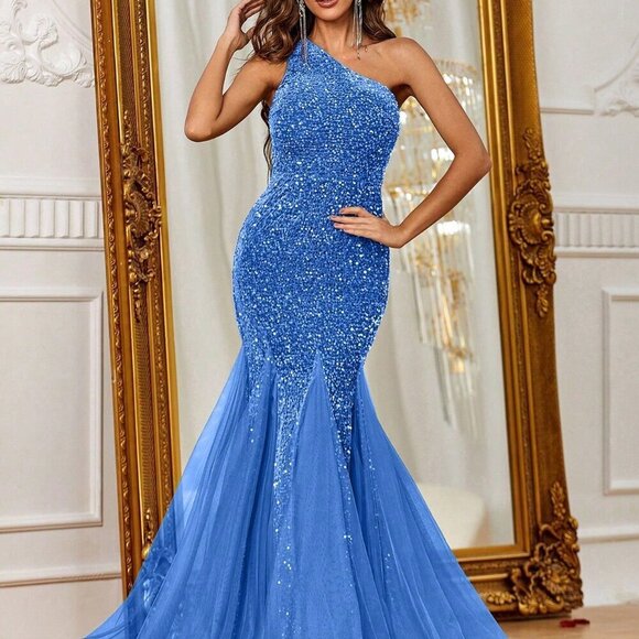 Blue Women's One Shoulder Mermaid Hem Sequin Formal Prom Evening Gown - Picture 1 of 6